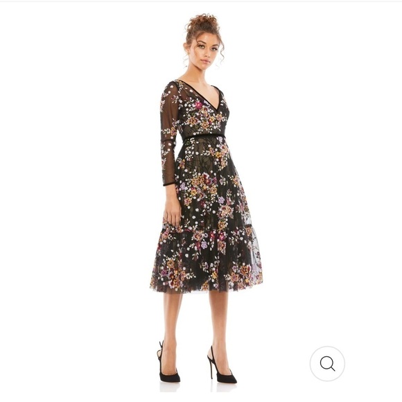 Mac Duggal BLACK FLORAL EMBROIDERED TEA LENGTH DRESS size 4 NEW $538 sldout size - Picture 1 of 14